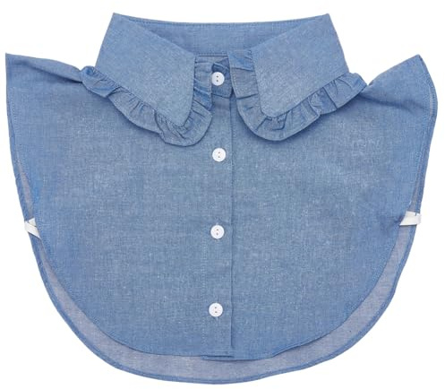 CABODYALS Blusa de Algodón Azul Vaquero con Cuello Falso, Volantes Desmontables, Cuello Falso, Cuello Alto Decorativo, Media Camisa, Botones, Correa Ajustable para Mujer, Ropa, Vestidos, Suéteres Y Ac