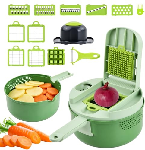 Cortador de Verduras 12 en 1, Mandolina de Cocina Multifuncional con Contenedor, Rallador, Espiralizador, Picadora Manual, Cuchillas Intercambiables, Cepillo de Limpieza y Pelador