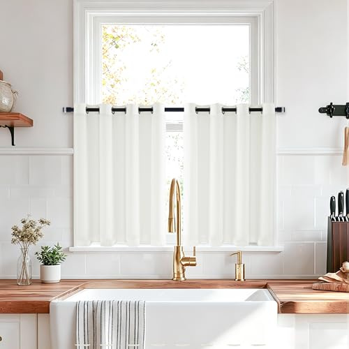 JIUZHEN White Voile Kitchen Curtains for Windows 24 Drop Pair Eyelet Privacy Protection Non-See-Through Short Cafe Curtain Sheer Privacy Protect 2 Panels for Cupboard, Basement, W26 x L24 Inch