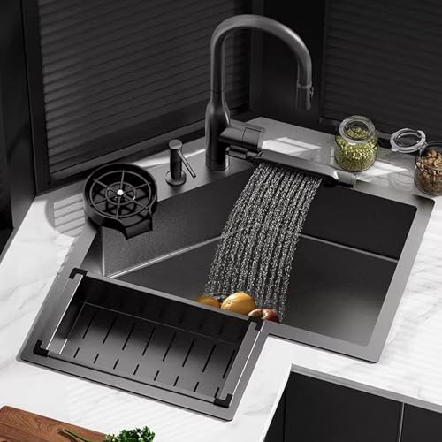 Fregadero Esquina de Acero Inoxidable 304, Fregadero Cocina Negro 1 Seno, Incluye Grifo Extraíble y Kit de Desagüe. Apto Para Uso Doméstico, en Bares(68.8x68.8cm/27x27in)