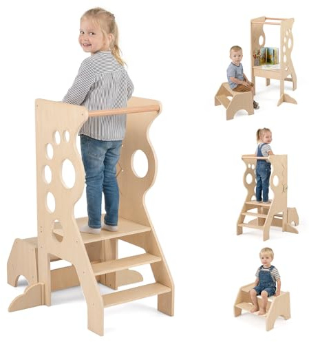 COSTWAY 3 in 1 Lernturm mit 2-Stufen-Hocker, Tritthocker aus Holz mit abnehmbaren Sicherheitsstangen & Linienspiele, Trittleiter & Kindersitzgruppe Montessori, Trittschemel für Kinder ab 3 Jahren