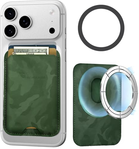 TECHMADE Korthållare kompatibel för iPhone, adapterring ingår - plats för 3 kort eller kontanter, snabbt utdragningssystem - RFID-blockering, veganskt konstläder, Grön Cam, Taglia Unica, Avslappnad