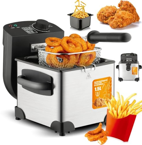 Freidora Eléctrica de Acero Inoxidable 1.5L, 2000W con Temperatura Ajustable, para Papas Fritas, Pollo y Pescado, Fácil de Limpiar
