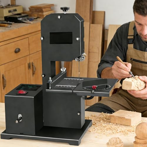 JXYQ Sierra de Cinta de sobremesa de 800 W, Corte Biselado Ajustable de 0 a 45°, Profundidad de Corte de 70 mm y Garganta de 90 mm, Mini Sierra de Cinta para Madera, acrílico y Espuma.