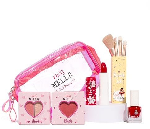MISS NELLA FESTIVE PICKS Non-Toxic Kids Makeup & Nail Polish Gift Set – Includes Blush, Eyeshadow Duo, Lip Balm, Peel-Off Varnishe, Brush Set & Pink Makeup Bag – Hypoallergenic & Odour-Free