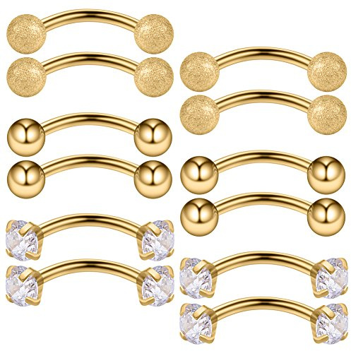 Ruifan 12PCS 16G 3/8 (10MM) Stainless Steel 3mm Clear Cubic Zirconia & Ball Curved Barbell Eyebrow Tragus Lip Belly Ring Piercing Jewelry - Gold