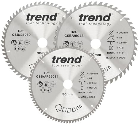 Trend Holz Kreissägeblatts, 3er-Pack, 250mm Durchmesser, 30mm Bohrung, 48, 60 & 84 Zähne, HW, 3mm Schnittbreite, +15° Haken & -6° Haken, CSB/250/3PK