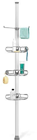simplehuman Large Tension Shower Caddy, Telescopic Corner Shelf Bathroom Storage Organiser, Extends 1.8m to 2.7m, No Drilling, Rustproof, Adjustable Shelves, Storage Hooks, BT1062DC