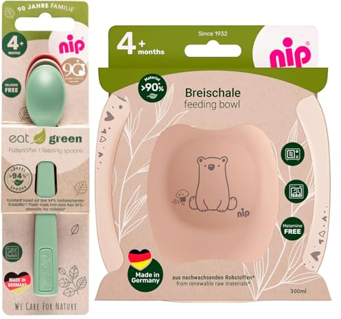 NIP öko bio Geschirrset GIRLS ab 4. Monat, 2 Breischale + 3 Eat Green öko bio Babylöffel, geeignet für die Mikrowelle, Melamin frei, BPA frei, Spülmaschinenfest, made in Germany