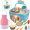 Kids Play Kitchen Picnic Playset, Portable Picnic Basket Toys with Musics & Lights, Color Changing Play Food, Kitchen Sink Toys and Pretend Play Oven,Kitchen Toy Sets Gift for Kids Boys Girls