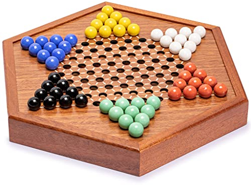 Yellow Mountain Imports Wooden Chinese Checkers Halma Board Game Set (32.1 centimeters) with Storage Drawer and Solid Color Glass Marbles (16-millimeter)