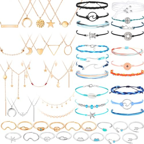 Batiyeer 60 Pcs Surfer Wave Friendship Bracelet Layered Choker Pendant Necklace Adjustable Multilayer Chain Bracelet Anklets Knuckle Rings for Women Xmas Gifts(Cute)