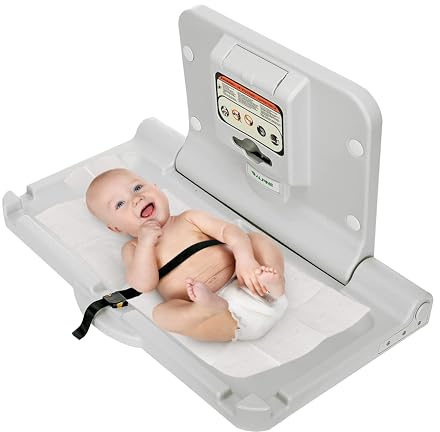 Alpine Wall Mounted Baby Changing Station - Horizontal Baby Changing Table Foldable Diaper Tables with Safety Strap for Commercial Bathroom, ADA Complaint (Hardware Included) White Gray