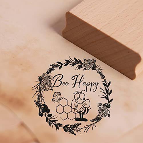 Motivstempel Honig Etikett Bee Happy - Vintage Kranz Rosen - Stempel Biene Bienenwabe - 68 x 67 mm