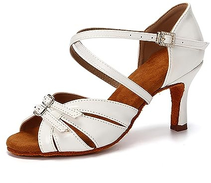 Rosefinch Sala da Ballo da Donna Latino Scarpe da Ballo 5/7 cm Moderne Pole Dance Scarpe Salsa Tango Tacco Alto Regolabile Latino Scarpe per Ragazze Signore,Tacco Bianco 7cm, 38 EU
