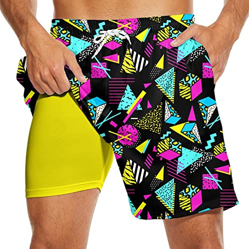 Retro 80s Swim Trunks with Compression Liner Mens 90s Swimwear 2 in 1 Quick-Dry 7 Inch Inseam Men Swimming Board Shorts for Summer Beach Party(M)
