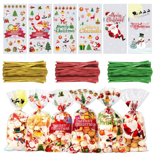 OWill Lot de 120 sacs à bonbons de Noël en cellophane avec attaches torsadées colorées, sacs cadeaux pour bonbons, fêtes de Noël et festivals - 27 x 13 cm
