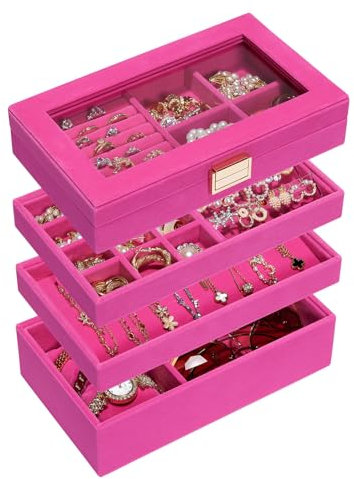 Seelux Portagioie, Impilabile, Organizer per Gioielli con Cassetto con Coperchio in Vetro, Divisori Rimovibili per Toletta, Idea Regalo per Ragazze e Donne (Rosa)
