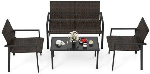 COSTWAY 4 Pezzi Set di Mobili da Giardino, Set di Tavolo e Sedie da Esterno in Intrecciato di Vimini, Set Salotto da Giardino per Balcone Giardino Terrazzo (Marrone)