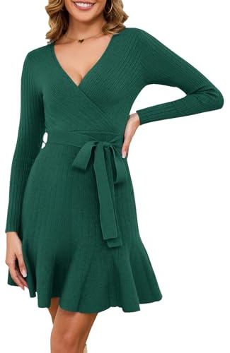 Arach&Cloz Jumper Dress for Women UK V Neck Winter Knitted Wrap Dress Christmas Long Sleeve Casual Party Dress with Belt (Green,Medium)