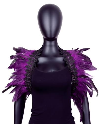 Anevous Spitze Federkragen Damen, Achselzucken Federumhang, Gothic Feder Cape, Feder Schal Poncho Kostüm, Epauletten Shrug Kragen für Halloween, Karneval, Maskerade, Kleidungparty,Lila