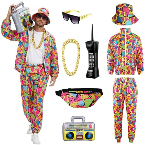 YQVGFBY 80-tal outfit herr 90-tal retro träningsoverall halloween karneval kostym joggingdräkt sportdräkt badass kostymer 8 st, Röd, XL