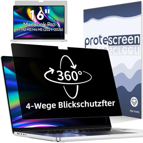 Protescreen Filtre de confidentialité à 360° pour Pro 16 2021-2024 (M1 M2 M3 M4), Mac Screen Protector Film de confidentialité, anti-éblouissement, lumière bleue, filtre de confidentialité 4 voies