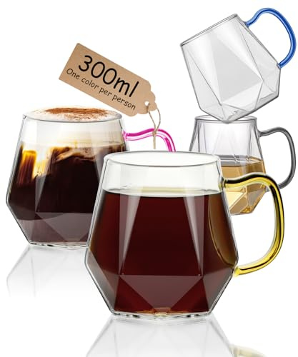 ANZHAN Glass Coffee Mugs 300ml with Handle, Set of 4 - Clear Coffee Cups Latte Glasses, Borosilicate Heat Resistant for Cappuccino, Espresso, Tea, Milk, Juice, Beer and Hot/Cold Beverages
