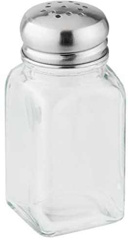 FACKELMANN Salero o pimentero cocina o mesa de cristal con tapa en acero inoxidable, capacidad de 75ml, 3,9x3,9x10cm, 1ud.