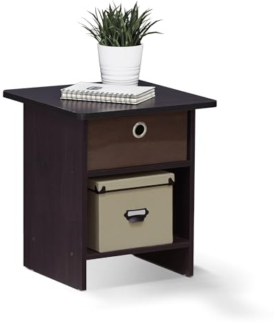 Furinno Dario End Table/ Night Stand Storage Shelf with Bin Drawer, Dark Walnut
