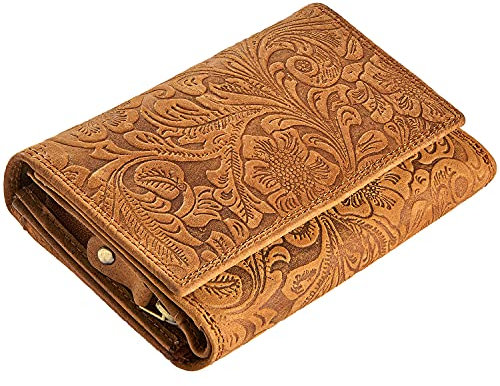 Wildery® Geldbörse Damen Gross viele Fächer mit RFID Schutz I Geldbeutel Damen Blumenmuster I Portemonnaie Damen Leder mit Blumen Prägung I Geschenke für Frauen /#Flower WI208 (Hellbraun)