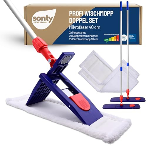 SONTY Professionell 40 cm mopp 2-pack – Golvmopp med magnetisk vikram, 40 cm mikrofiberduk & justerbara aluminiumhandtag | För proffsstädning & hårda golv