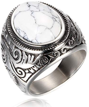 VQYSKOMänner Retro Weißes TürkisRing-Klassiker Retro Charm Künstlicher Türkis Steine Edelstahlring Herrenring mit Gravur, Ringgrößen 54 (17.2) – 76 (24.2)(Weißes Türkis, 71 (22.6))