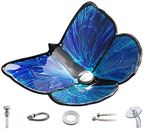 XYEJL Vasque à Poser en Verre Trempé Forme De Papillon, Lavabo Vasque en Verre Trempé, Lave Mains Artistique Lavabo Vasque a Poser avec Robinet Cascade,Blue