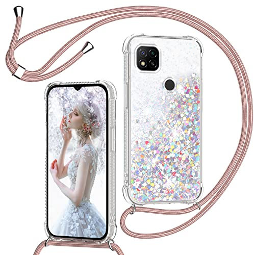 TUUTPU Cover per Xiaomi Redmi 10A/Redmi 9C/9C NFC con Cordino, Custodia Brillantini Liquido con Collana Trasparente Silicone Antiurto Protettivo Sabbie Mobili Case per Cellulare Cordoncino, Oro Rosa
