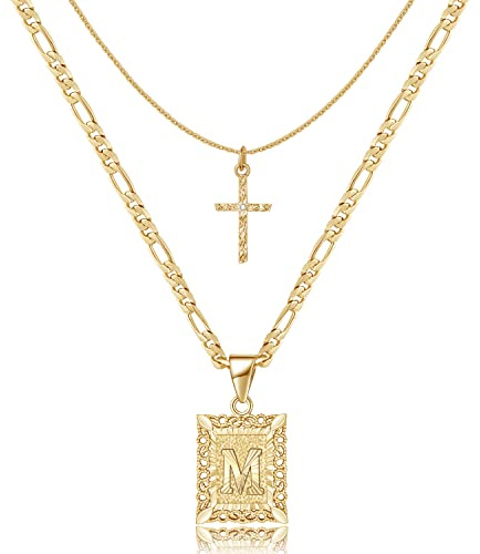 KELORIS PATH Gold Layered Initial Cross Necklace, 14K Gold Plated Layering Square Letter Pendant Figaro Chain Cross Choker from A-Z Capital Jewelry for Women(Letter M)
