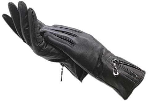 KMMBBTY Damen Winter Winddichte Lederhandschuhe Outdoor Warm Driving Motorradhandschuhe & Fäustlinge mit Reißverschluss Black 6.5
