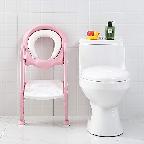 Riduttore WC per Bambini con Scaletta, Scaletta WC per Bambini da 1 a 7 Anni, Riduttore WC Portatile con Pedali Stabili e Antiscivolo e Morbido Cuscino in Poliuretano (Rosa bianco)