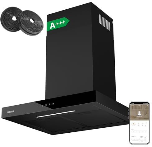 CIARRA CBCB6102 Hotte Aspirante 60 cm A+++ 650 m³/h - App & TouchControl - 4 Vitesses + Booster - Recyclage & Évacuation - Filtre à Charbon CBCF003 - Noire