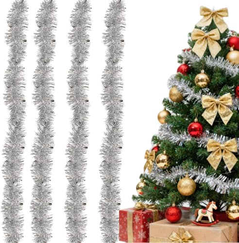 Lametta Girlande | Weihnachtsbaum Girlande 4er-Pack [8M], Extra Dicht & Glänzend für Festliche Atmosphäre | Perfekter Weihnachtsbaumgirlande für Christbaum (Silber, 4 Pack)