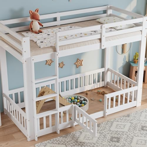 Sweiko Lit superposé avec échelle à Angle Droit 90X200 cm, Cadre de lit avec Rails et Portes, couchette inférieure sans Lattes
