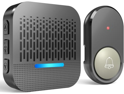 SURFOU Campanello Senza Fili Da Esterno Impermeabile Wireless 300M Distanza Trasmettitore Casa interno Ricevitore per gli Anziani 55 Suonerie includere il Natale 5 Volumi e Indicatori LED,Nero