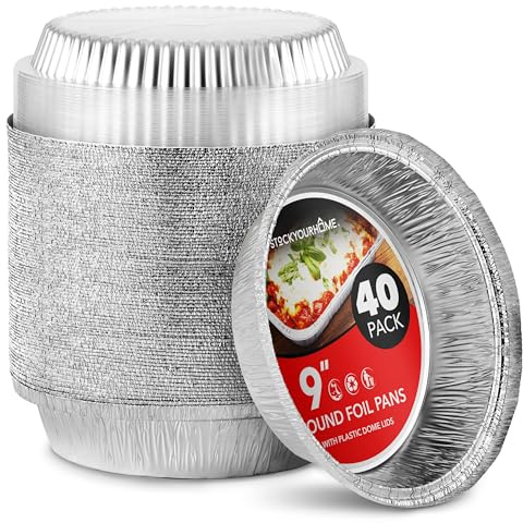 Stock Your Home 9 Round Aluminum Foil Pans with Lids (40 Pack) Pie Tins Disposable 9 Inch with Lid, To-Go Containers for Pies, Cheesecake, Cinnamon Rolls, Flan, 2 Deep Dish Cake Pan for Holidays