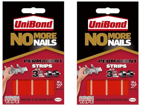 2 x Unibond No More Nails Permanent Strips, Adhesive Strips for Fast & Easy Mounting, Double Sided Sticky Tape for Interior & Exterior Use, Waterproof Tape, Pack of 10 (20 Strips)