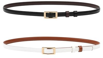 Kajeer Schmaler Wendegürtel für Damen - 2 Stück Ohne Löcher Ledergürtel Verstellbarer Dünner Taillengürtel für Kleider Hosen Jeans mit Goldschnalle