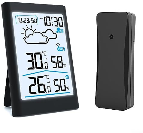 Digital Thermometer Hygrometer Sensor, Wireless Home Weather Station With LCD Display For Real Time Observation Of Weather Conditions (Black)