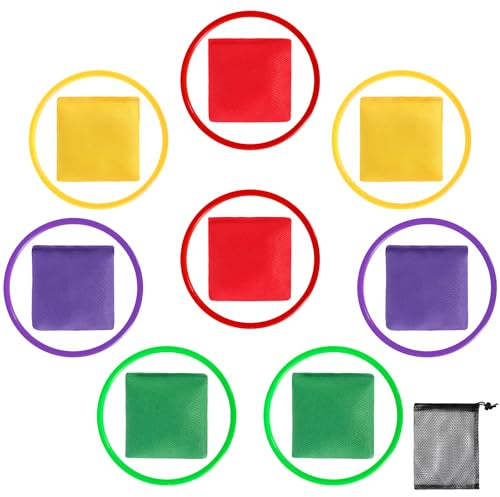 17Pcs Colorful Bean Bags and Plastic Rings Set, Speed and Agility Training Ring Game, Hand Eye Coordination Bean Bag Game with Net Bag, Throwing Carnival Favor Party Supplies for Indoor Outdoor
