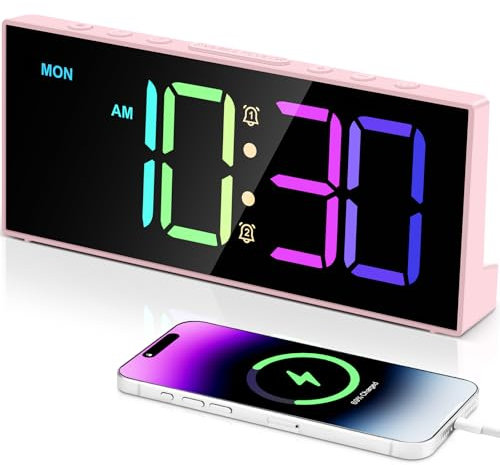 Digital Alarm Clocks,Large Big Numbers Cute clocks for Bedrooms,college dormitories,Teens,Modern Décor Plug in Clock with USB Charger Port Adjustable 3-Levels volume,5 Dimmers,Battery Backup (Pink)