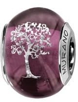 Thabora charms coulissant argent rhodié (Argent 925‰ + protection Rhodium) Murano violet symbole Arbre de Vie + suédine (offerte) + Certificat d'Authenticité Argent 925‰