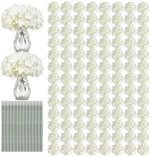 Auihiay 204PCS Hydrangea Artificial Flowers, Silk Artificial Hydrangea Flowers Heads with Stems, Faux White Flowers for Wedding Centerpieces, Arch and Background, Bridal Shower and Home Decor (Ivory)